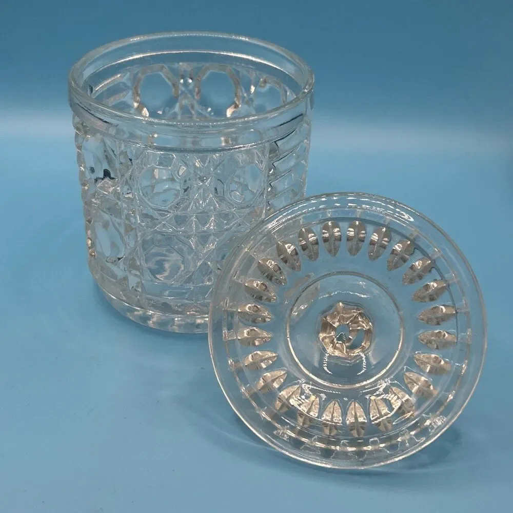 Federal Clear Glass Windsor Cane & Button Sugar Bowl with Lid &Grove for a Spoon